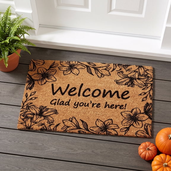 Welcome Door Mat 30"x17", Low Profile Non-Slip Front Door Mat Outdoor & Indoor, High Density Fiber Dirt Trapper Mat Entryway Patio, Floral