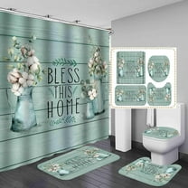 4PCS Farmhouse Shower Curtain Set, Mint Green Shower Curtain Set, White Cotton Flower Eucalyptus Leaves Botanical Floral Country Rustic Bathroom Decor, Bath Mat Bathroom Rugs, Bless This Home