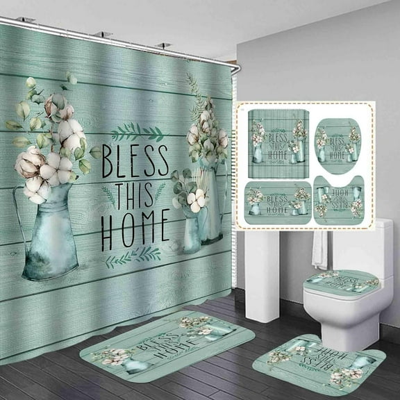 4PCS Farmhouse Shower Curtain Set, Mint Green Shower Curtain Set, White Cotton Flower Eucalyptus Leaves Botanical Floral Country Rustic Bathroom Decor, Bath Mat Bathroom Rugs, Bless This Home