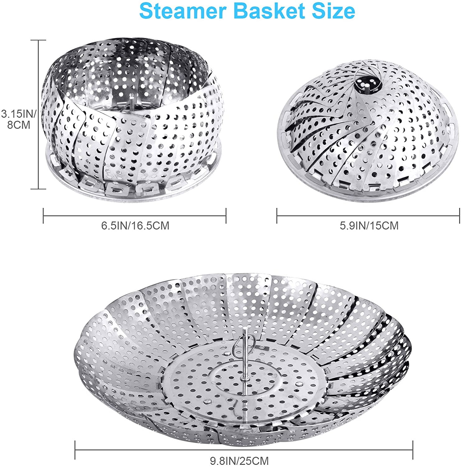 Collapsible Stainless Steel Steamer Basket – Folding Veggie Steamer Insert Fits Pots 5.3" To 8.6"