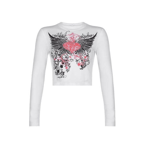 TRKIYQCMujeres Y2K Camiseta de manga larga Camiseta de cuello redondo con estampado gráfico sexy Blusa de ajuste delgado vintage Tops Streewear TRKIYQC perder