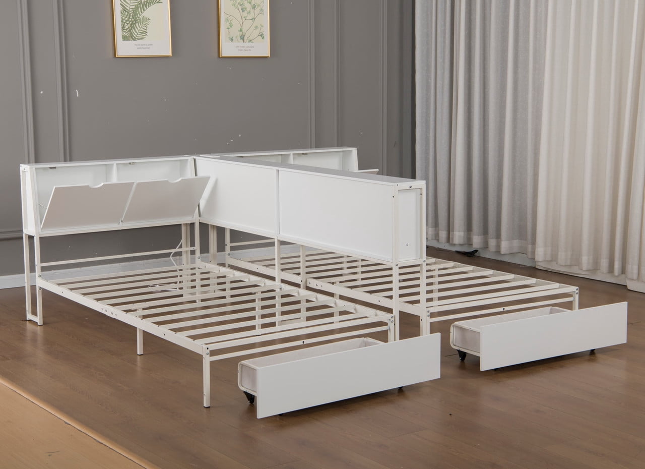 2 x Twin Size Metal Platform Bed Frame with Storage Headboard, Detachable Daybed with LED Lights, Drawers and Side Shelves