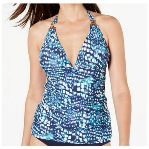 Calvin Klein Women's Liquid Shirred Halter Logo Tankini Swimsuit Top Navy XS,$88