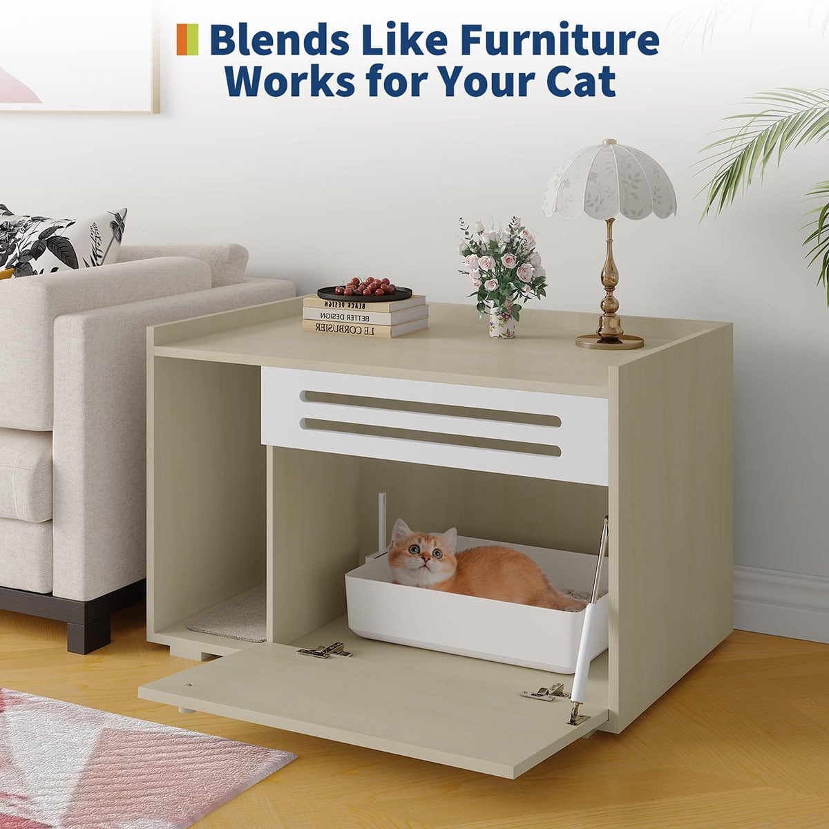 Danolapsi Cat Litter Box Enclosure, Hidden Litter Box Furniture, Dog Proof Hideaway Kitty Flip-down Opening Litter Box Cabinet, Indoor Wooden Cat Washroom, Pet House