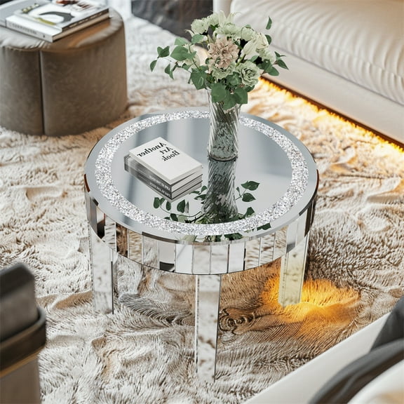 Wisfor Indoor Modern Mirrored with Diamonds MDF/ Glass Round End Table, Sliver