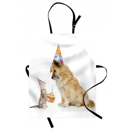 Kids Birthday Apron Cat and Dog Domestic Animals Human Best Friend Party with Cupcake and Candle, Unisex Kitchen Bib Apron with Adjustable Neck for Cooking Baking Gardening, Multicolor, by