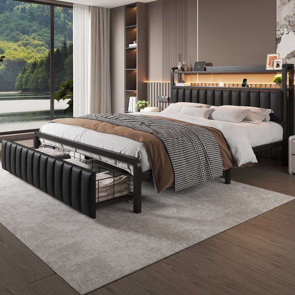 Queen Bed Frame with Storage Drawers, Metal Platform Bed Frame with LED Lights & Charging Station, Upholstered storage headboard, Black