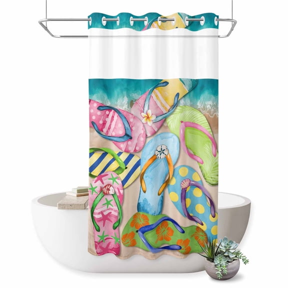 No Hook Shower Curtain, Colorful Flip Flops Shower Curtains for Bathroom with See Through Top Window, Summer Blue Beach Ocean Waterproof & Washable Bath Curtain Small Stall 36"x78"