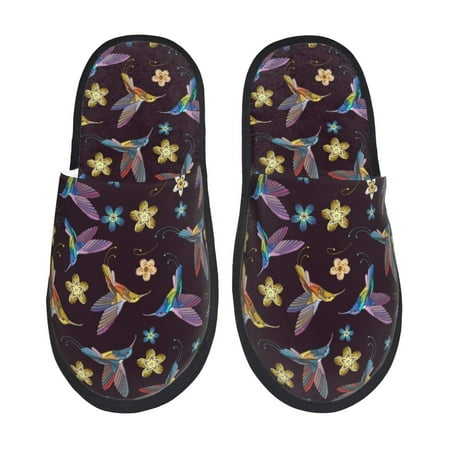 

House Slippers for Women and Men Floral Hummingbird Print Black Comfy Fuzzy Bedroom Slippers Furry Home Shoes for Indoor Outdoor