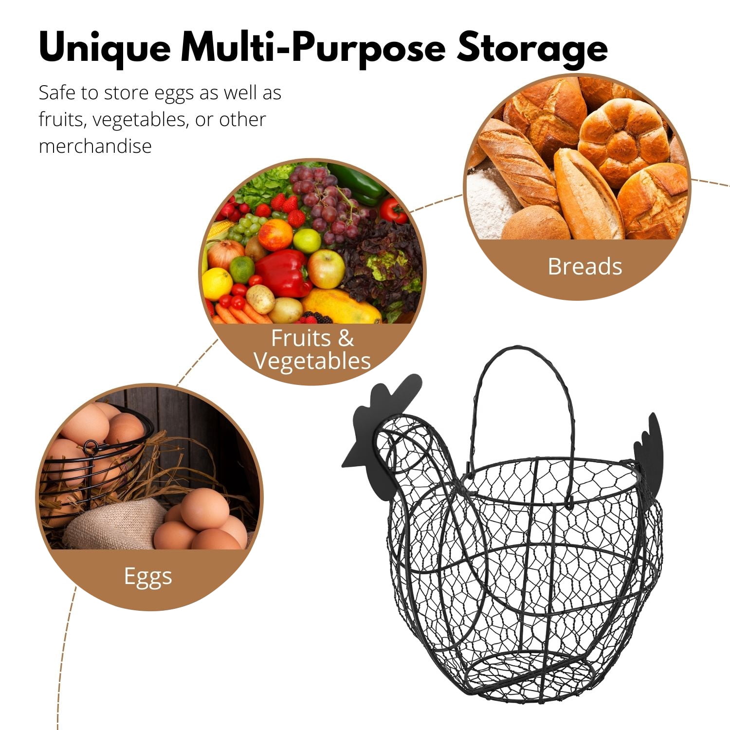 Chicken Egg Basket, Egg Storage Holder with Handle for Eggs, Fruits, Vegetables, Metal Wire Mesh Chicken Decor for Kitchen Table Countertop, Farmhouse Rustic Style, Brown