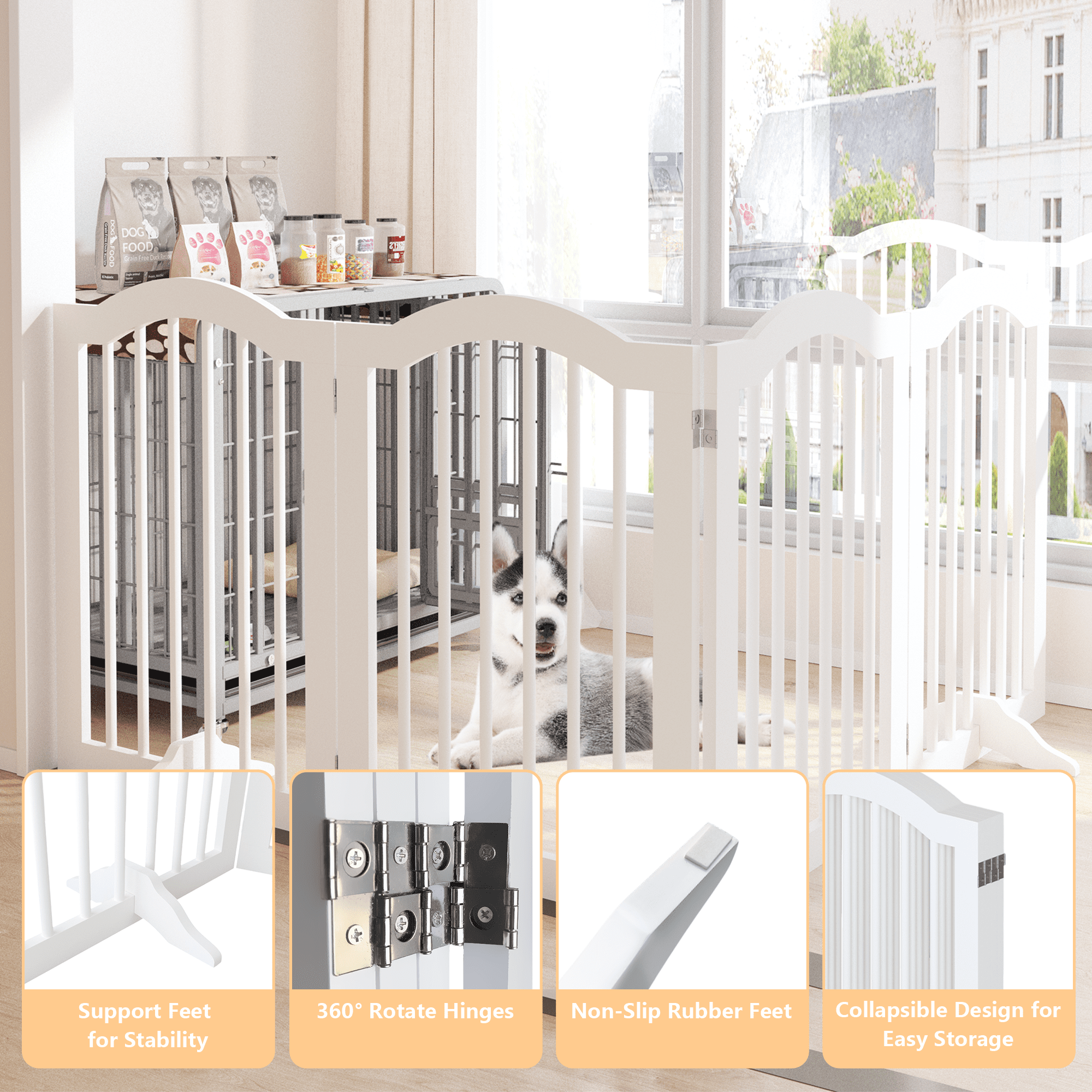 Jopath 27.6" Height Tall Freestanding Pet Gate, 4 Panels Foldable Dog Gate Solid Wood Folding Safety Fence Wooden Dog Gate with 2 Pcs Support Feet for Stairs Doorways Halls Kitchens