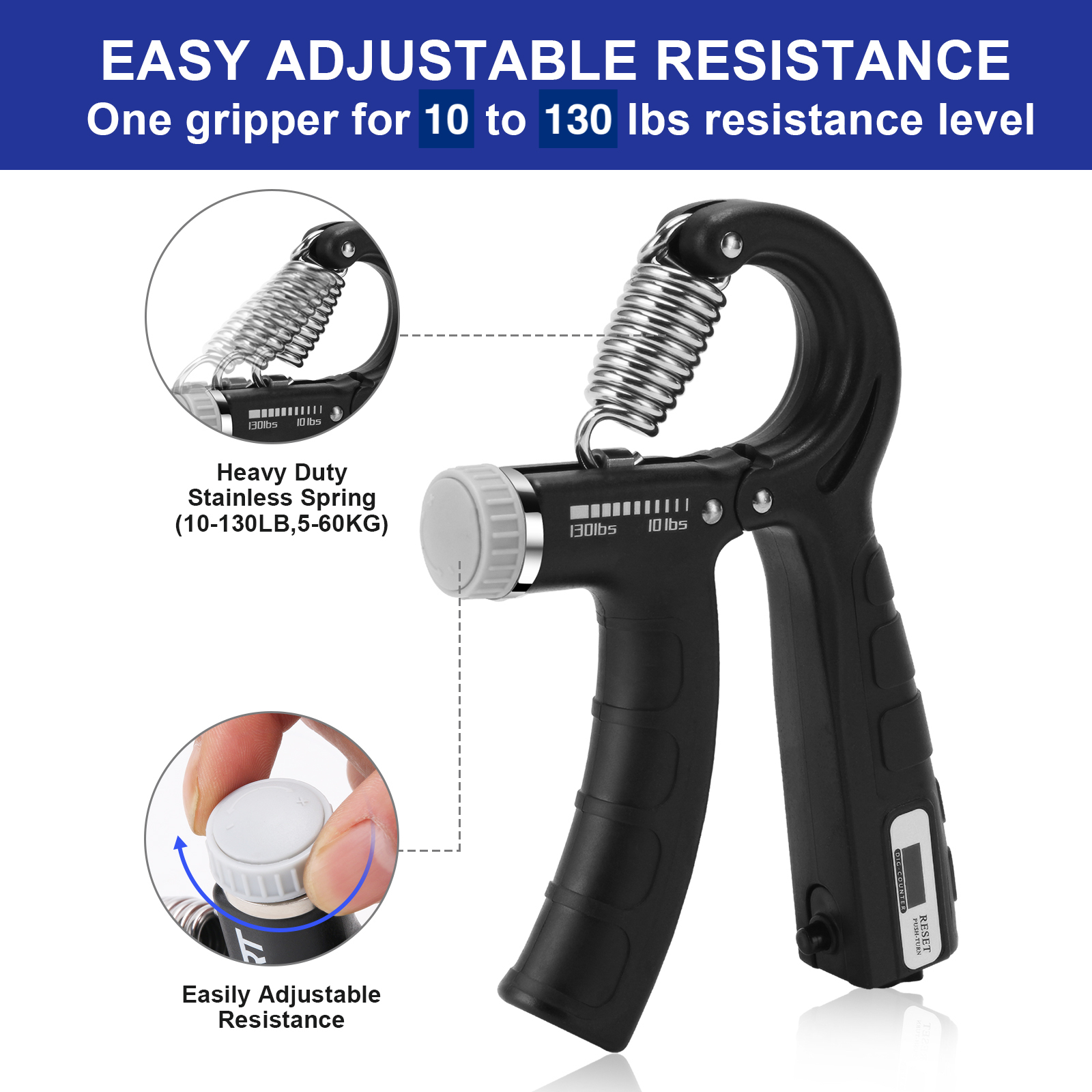 XPRT Fitness Adjustable and Counting Hand Grip Strengthener, To Develop Strength in Fingers, Hand, Wrist & Forearm, track your strength workout progress, 10-130LB resistance, SINGLE