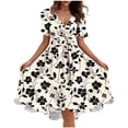 thumbnail image 4 of Smsaxvxz Dresses for Women Fashion Floral Printed V Neck Short Sleeve Bandage Pleated Knee Length Sundress Beach Summer Dresses Khaki XL, 4 of 7