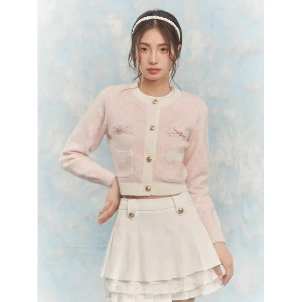 Deeptown Korean Fashion Pink Cropped Cardigan Women Kpop Sweet Girl Knitted Sweater Bow Coquette Aesthetic Long Sleeve Tops New