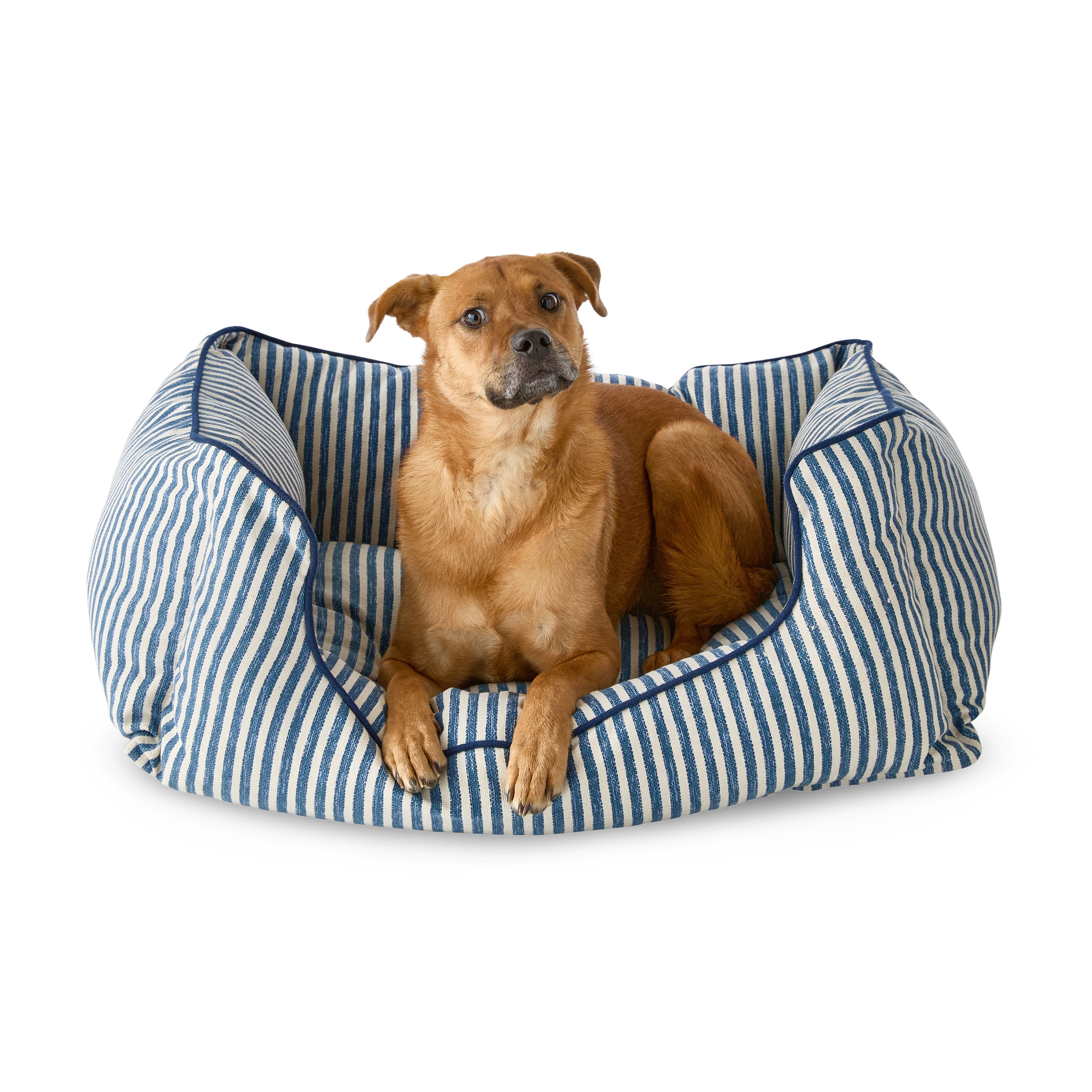 Vibrant Life Large High Wall Striped Dog Bed, Blue and Cream, 27" x 36"