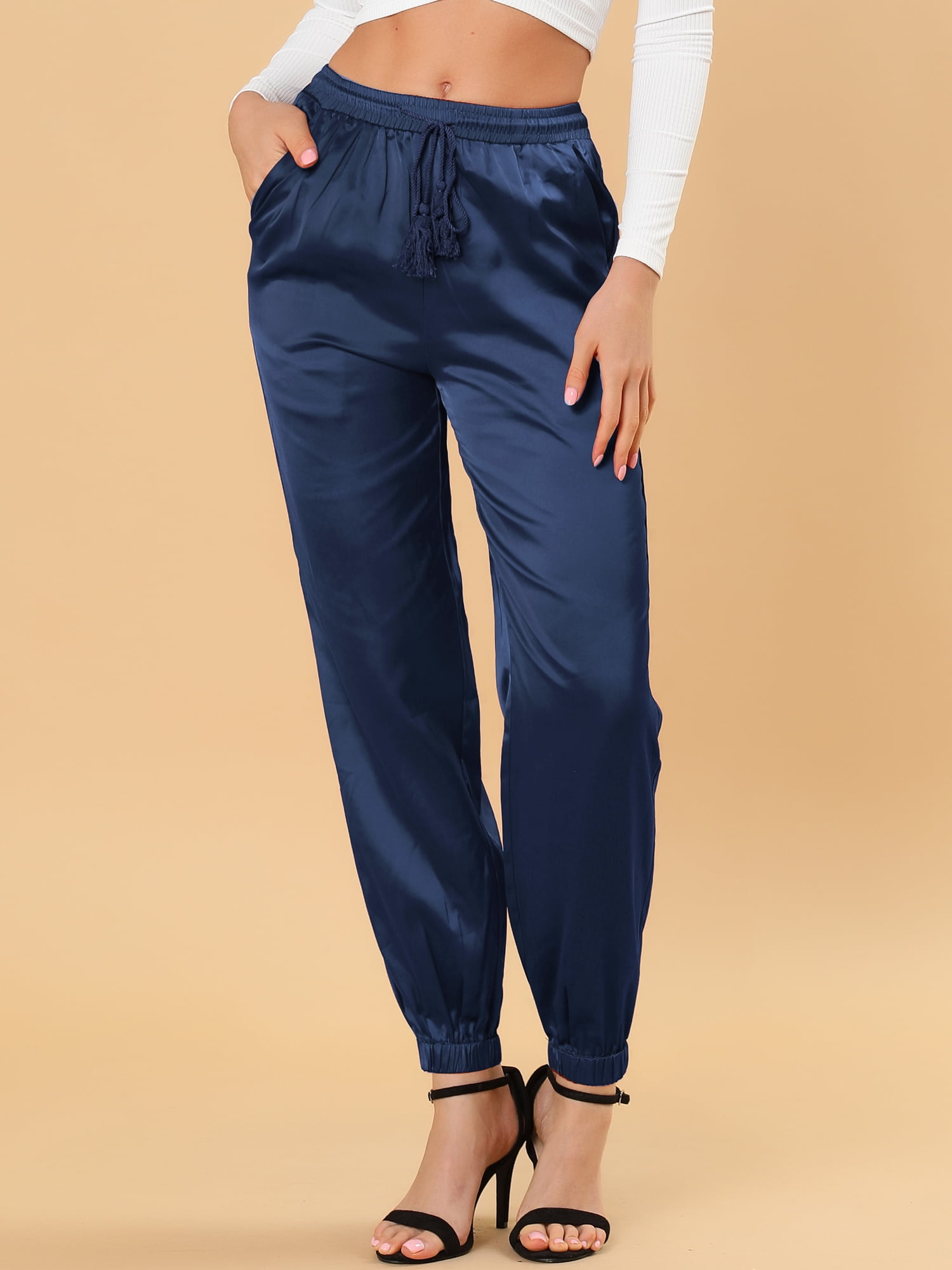 DARING DIVA Women's Satin Straight Leg Ankle Length Joggers Small Royal Blue