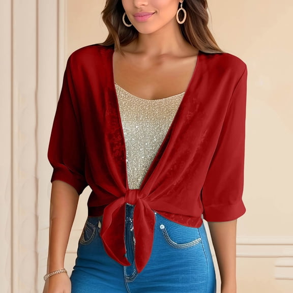 Kilaqueen Women's Sheer Chiffon Tie Front Cardigan, V Neck Half Sleeve Cropped Shrug Lightweight Summer Cover Up for Dresses, Tanks and Evening Outfits