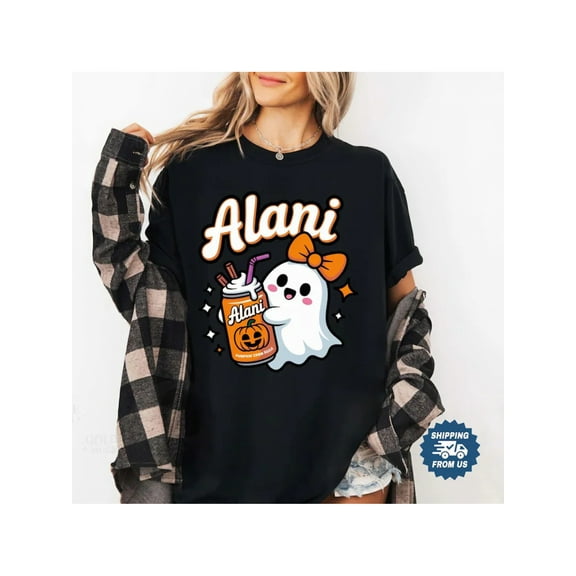 Women'S Alani-Inspired Halloween Graphic T-Shirt - Cute Spooky Season Pumpkin & Ghost Design with Alani Text, Cozy Fall Autumn Casual Short Sleeve Round Neck Tee,