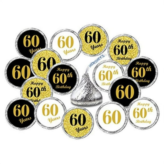60th birthday kisses stickers, (set of 324) chocolate drops labels stickers for 60th birthday, kisses party favors decor, 9 designs (36 stickers of each)