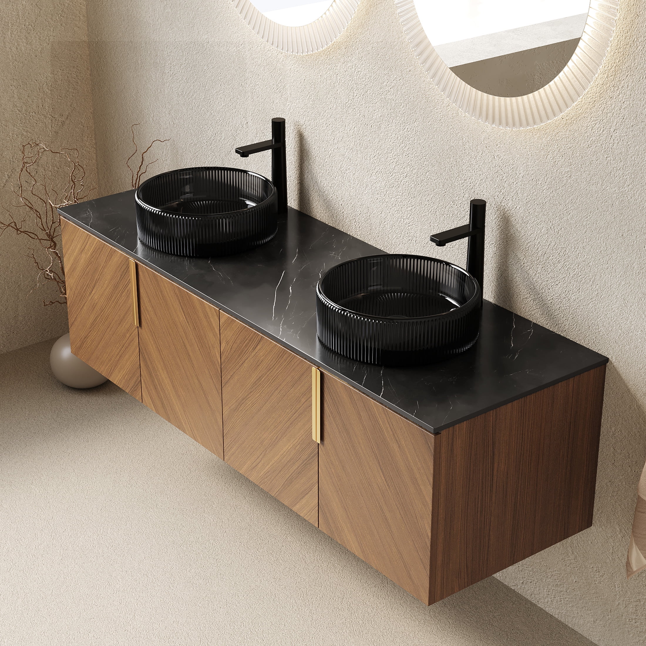 Noble House ARAI 60" Floating Double Bathroom Vanity, Sintered Stone Top Cabinet with Dual Black Glass Sink, Oak