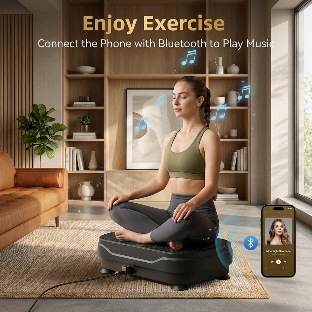 Fenbeli Vibration Plate Exercise Machine for Full-Body Workouts, 1-999 Speeds, Wireless Speaker, Remote, 2 Loops and 5 Resistance Bands, 450 lb Capacity, Black