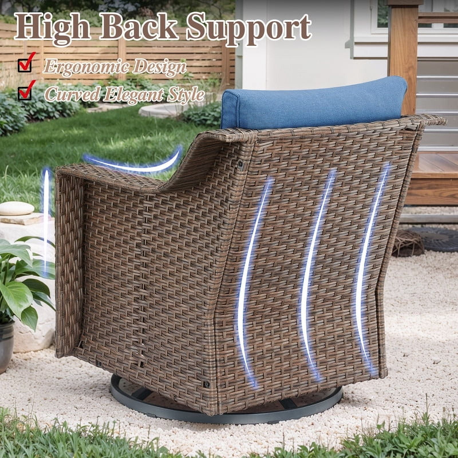 PARKWELL 9 Pieces Outdoor Patio Furniture Set 9-Seat High Back Wicker Conversation Set with Swivel Glider Chairs,Brown Wicker Navy Cushion