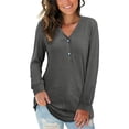 thumbnail image 3 of Camiseta de manga larga de color sólido con cuello en V para mujer, blusa suelta informal, gris, M Vogacara AP003714-07, 3 of 5