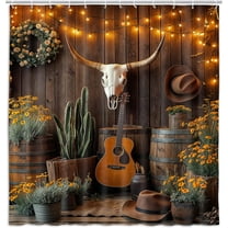 Western Boho Shower Curtain Aesthetic Southwest Country Ranch Bath Curtain Retro Rustic Barn Door with Bull Skull Desert Cactus Cowboy Guitar Texas Hippie Bathroom Decor Set with Hooks 72X72IN