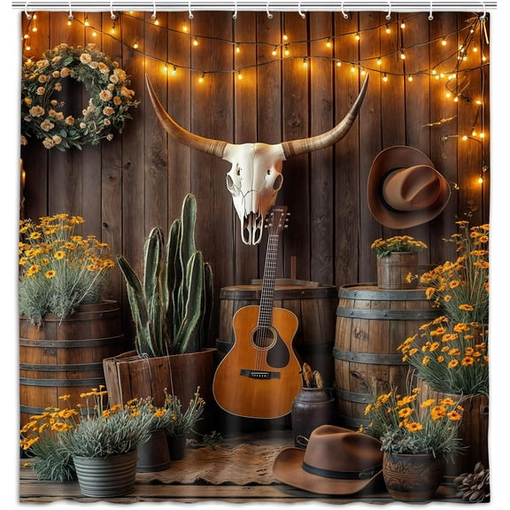 Western Boho Shower Curtain Aesthetic Southwest Country Ranch Bath Curtain Retro Rustic Barn Door with Bull Skull Desert Cactus Cowboy Guitar Texas Hippie Bathroom Decor Set with Hooks 72X72IN