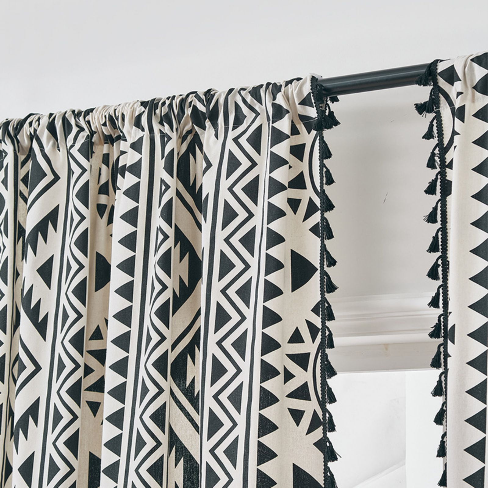Black White Boho Farmhouse Curtains for Living Room 2 Panels, Linen Light Filtering Vintage Curtains Farmhouse Western Aztec Printed Rustic Rod Pocket Curtain Drapes with Tassels