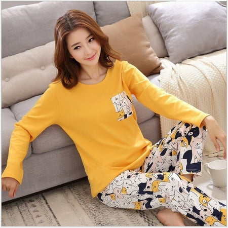 

Autumn Thin 2pieces Pyjamas Set Women Sleepwear Lovely Home Suits Round Neck Girls Teacup SleepwearLong Sleeve Pajamas