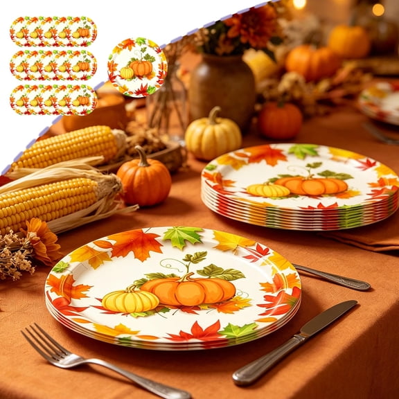 Fall Pumpkin Maple Disposable Tableware Set, Thanksgiving Autumn Paper Plates Cups Napkins Party Dinner Supply Kit