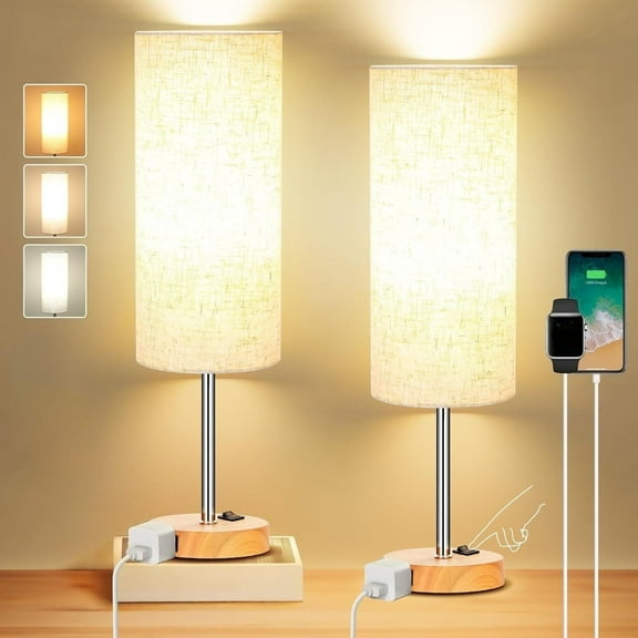 Dimmable Table Lamps with USB Charging Ports & AC Outlet, 3-Way Touch Control Bedside Nightstand Lamps, Wood/Metal Base, Modern Desk Lamps for Bedroom, Living Room, Office, Bulbs Included (1/2 Pack)