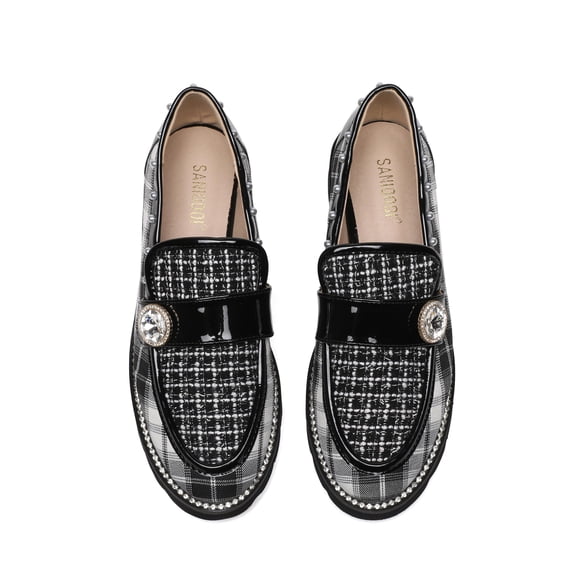 Women's Loafers Plaid Lug Sole Penny Sparkly Rhinestones Pearl Sneakers