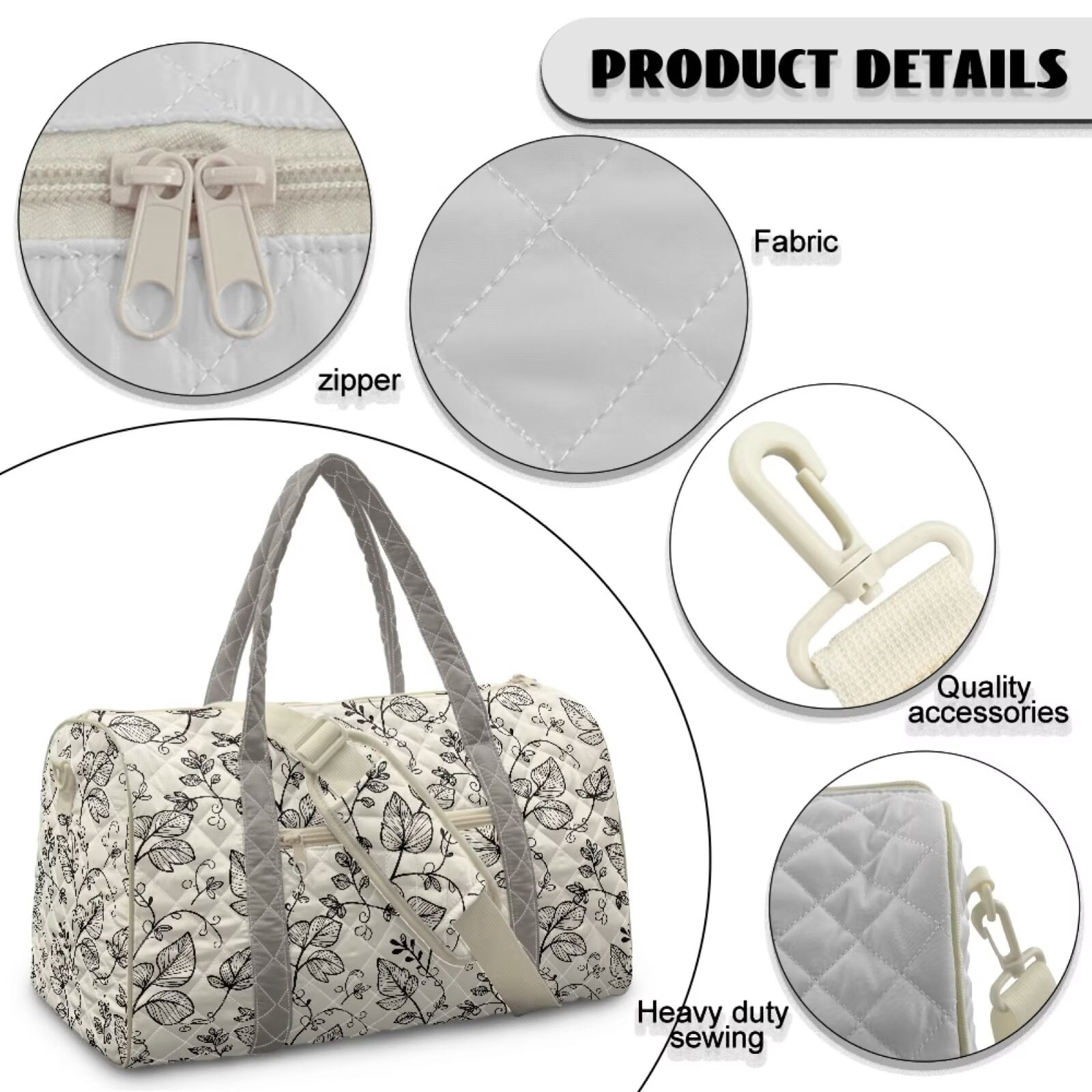 Chririnla Black Leaf Sketch Pattern Fit for Airplane Weekender Overnight Bags with Zipper Pocket & Shoulder Strap, Stylish Travel Luggage for Women
