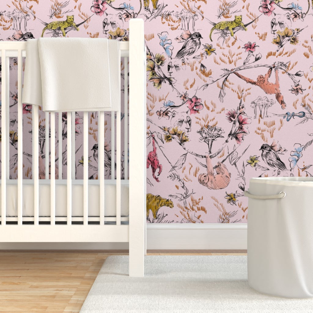 Removable Water-Activated Wallpaper Monkey Pink Jungle Birds Tiger Nursery Sloth 