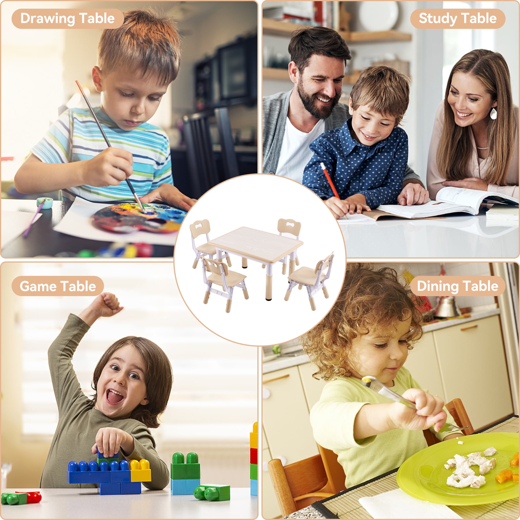 DOREROOM Height-Adjustable Kids Table and 4 Chairs Set, Toddler Table and Chair Set with Graffiti Desktop, 31.5''L x 23.6''W Children Activity Table for Daycare, Classroom, Home