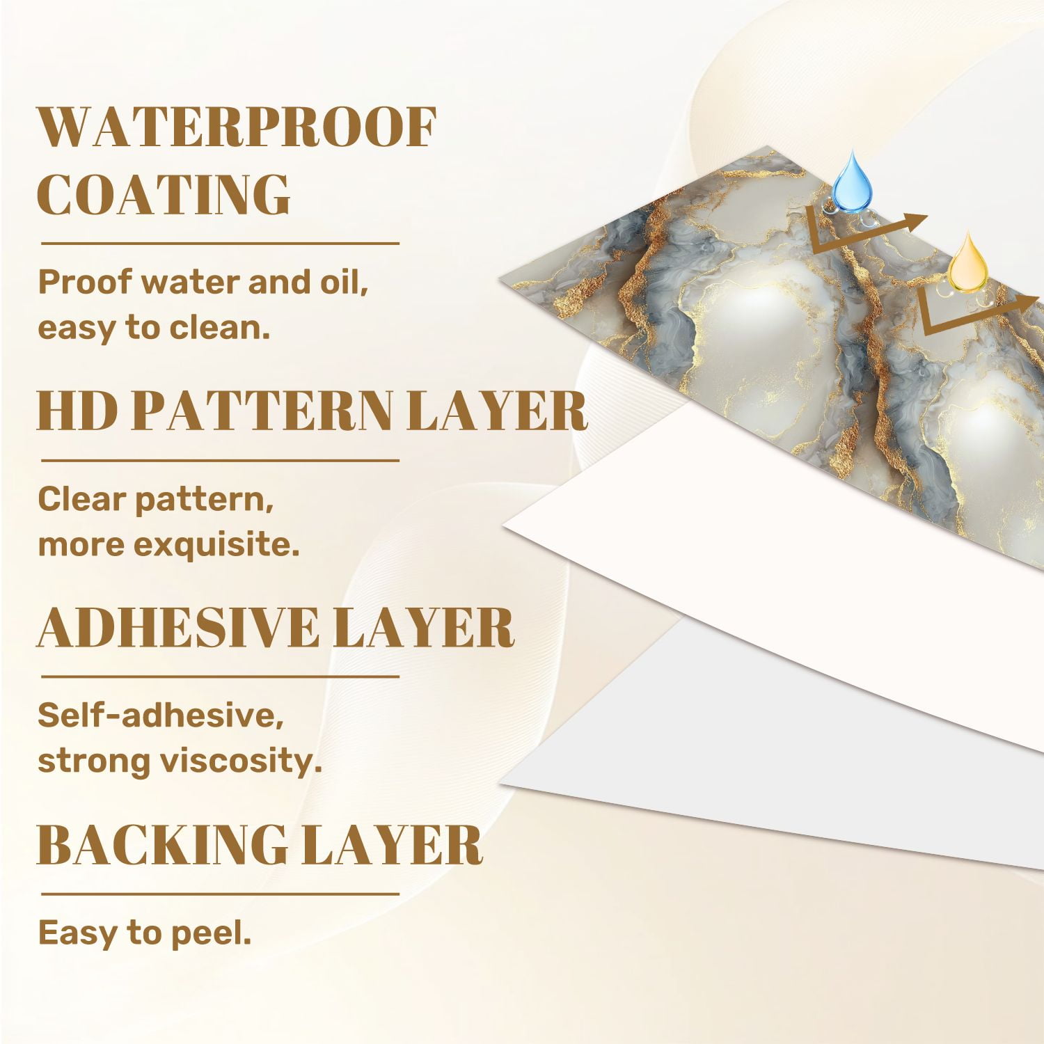 Peel and Stick Wallpaper 17.7in x 9.8ft Abstract Gold Grey Marble Flowing Lines Glimmering Texture Contact Paper Vinyl Self-Adhesive Removable Wall Paper for Bedroom DIY Home Decor Renter Friendly