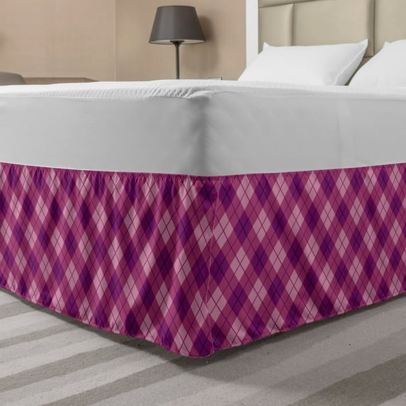 Plaid Bed Skirt, Diagonal Squares Patterns in Symmetrical Design Geometric Art, Elastic Bedskirt Dust Ruffle Wrap Around for Bedding Decor, 4 Sizes, Dark Magenta Pale Fuchsia, by Ambesonne