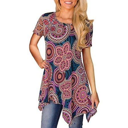 Floral Print Silk Tunic - DYMADE Women's Round Neck Swing Tunic Floral Printed Flare Tee Top Blouse Shirt