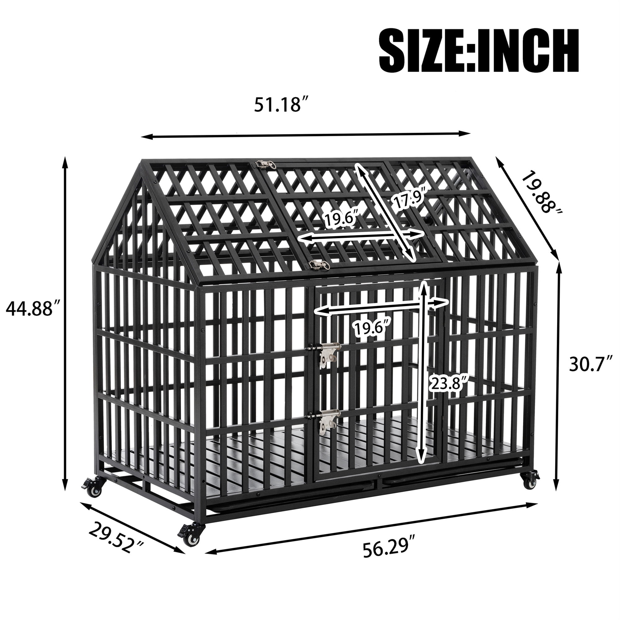 Aukfa 43/47/51 in Heavy Duty Indestructible Dog Crate, House Shape Escape Proof Dog Cage Kennel with Lockable Wheels & Removable Tray