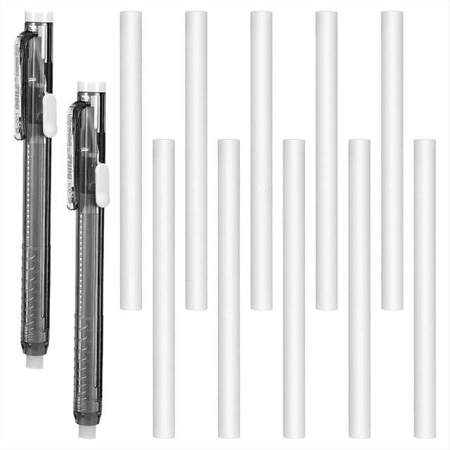 12 Pcs Retractable Mechanical Eraser Pen Pen-Style Erasers Precise Erasing Pens White Pencil Eraser Refill,2 pcs x Pen-Style Erasers 10 pcs x Refill