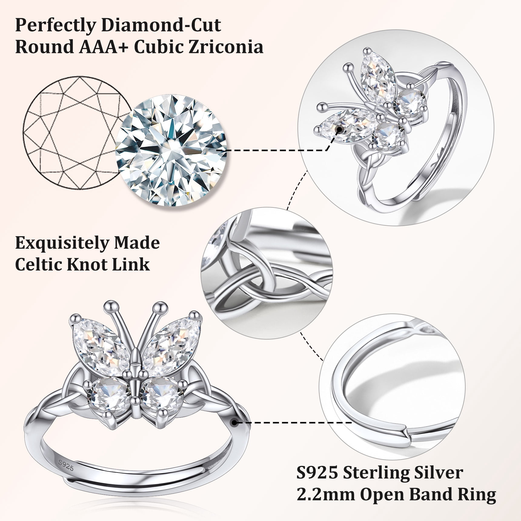 Bestyle Cute Butterfly Ring Pure S925 Sterling Silver Adjustable Open Ring April Diamond Birthstone Rings Birthday Mother's Day Gifts Size #6-12