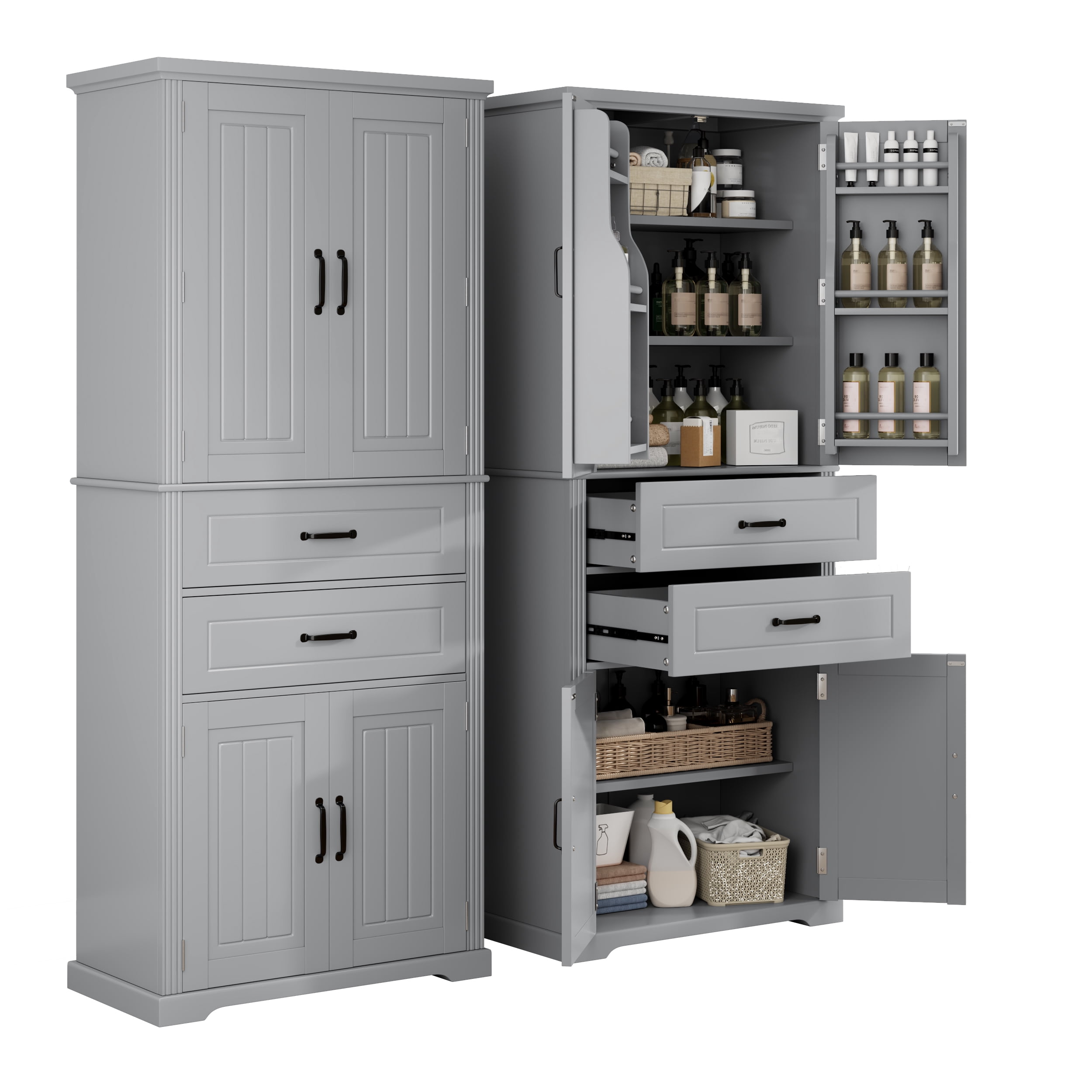 Mintazer 72.5" Freestanding Tall Bathroom Cabinet with 2 Drawers & Adjustable Shelves, Pantry Cabinet with Multi-Functional Storage Space for Bathroom Bedroom Laundry Room, Grey
