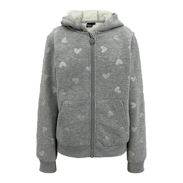 Susadera George Para Niña Talla 10 Color Gris con diseño de corazones, capucha forrada con tela polar, cierre frontal completo y dos bolsillos frontales, cómoda para uso diario en otoño e invierno, ideal para actividades casuales y deportivas.