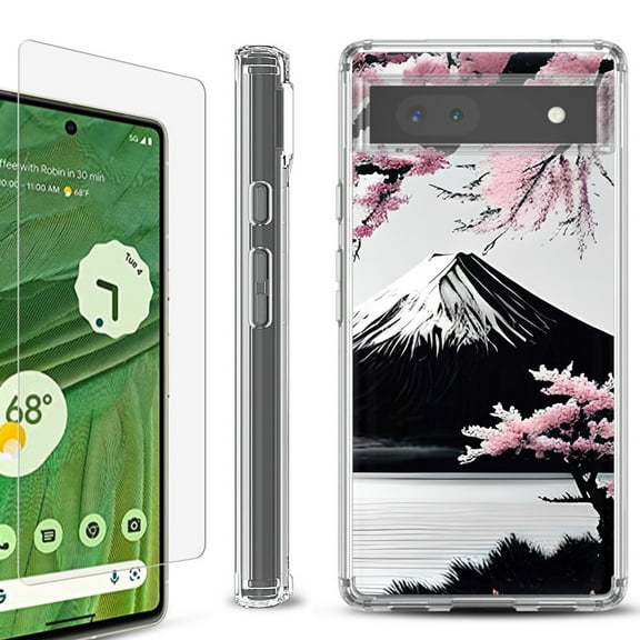 Shockproof Bumper Phone Case for Google Pixel 6a, with Tempered Glass Screen Protector, by OneToughShield ® - Fuji Sakura