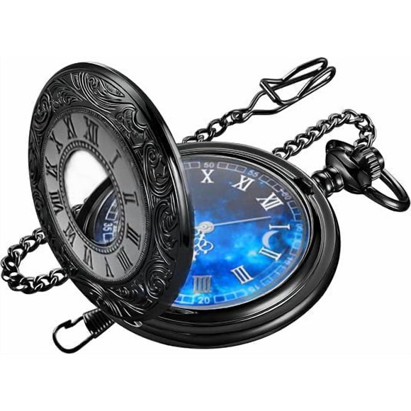 Reloj de bolsillo Tiong 4,5 cm con números romanos y cielo estrellado azul