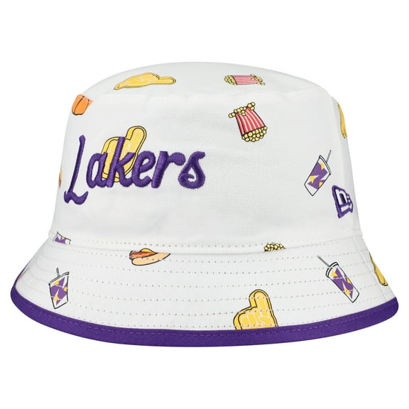 Men's New Era White Los Angeles Lakers Team Cheer Reversible Bucket Hat