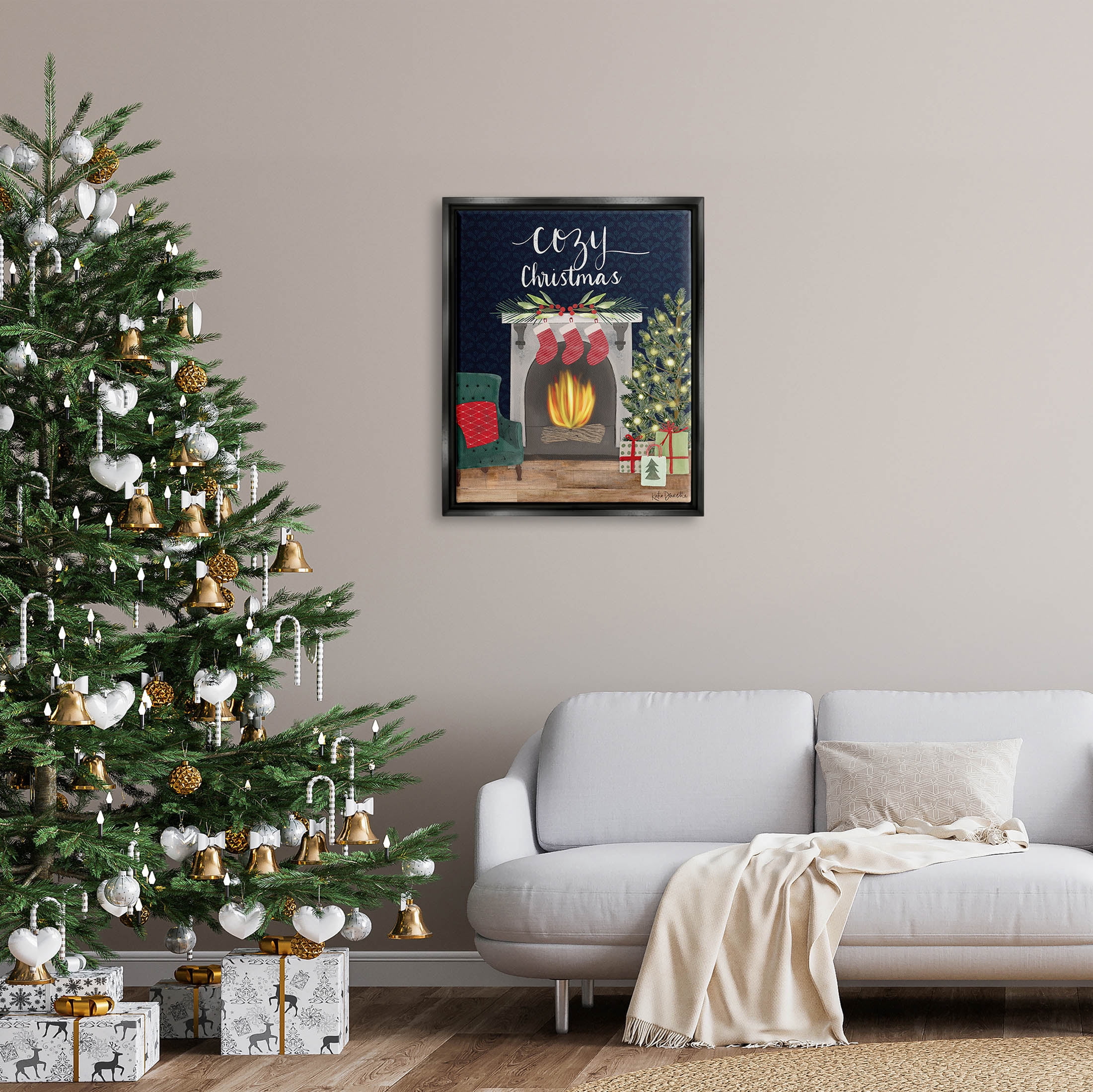 Stupell Industries Cozy Christmas Fireplace Mantle Graphic Art Jet Black Floating Framed Canvas Print Wall Art, Design by Katie Doucette