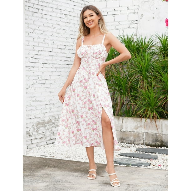 white christmas dresses Cream White Casual Midi Dress with Floral Print Cream White Floral / XSmall main image 0